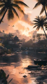 Tropical river village glows under cinematic sunset sky.