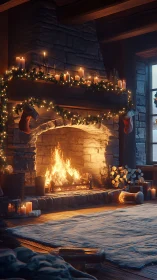 Soft firelit cabin hearth glows with calm holiday warmth