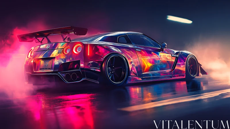 Rendered sports car moves through neon-lit wet roadway