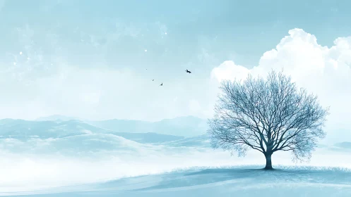 Solitary winter tree over misty blue hills landscape.