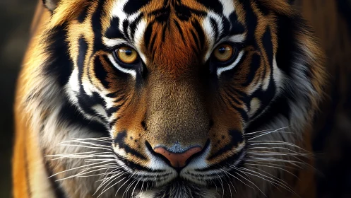 Symmetric macro portrait of tiger facial pattern topology.