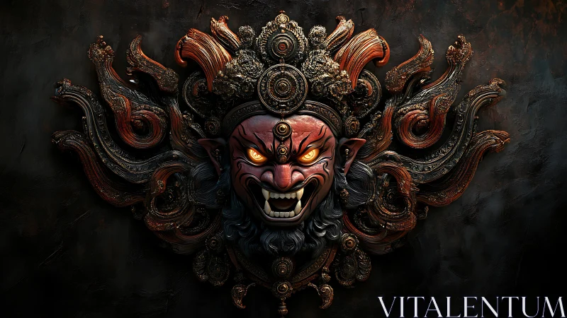 Demonic baroque wall mask with fiery eyes and ornate tendrils.
