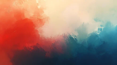 Vibrant abstract painting with red and blue brushstrokes, modern art.