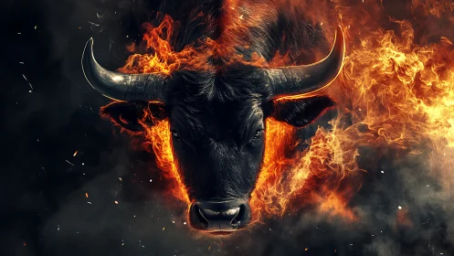 Bull head rendered in front view, sharply outlined by fire