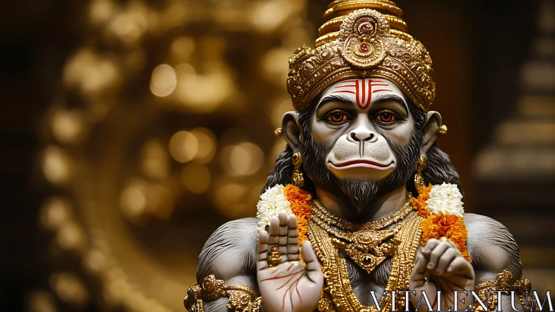 Ornate Hanuman idol in golden temple bokeh light focus.