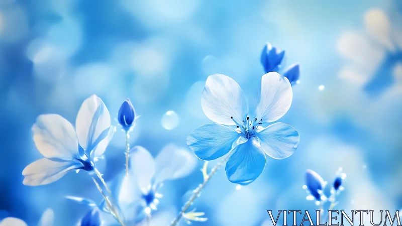 Blue and White Flowers in Soft Focus Against Sky.