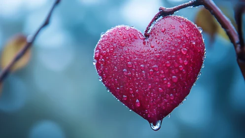 Crimson Heart Suspended in Frost and Morning Dew.