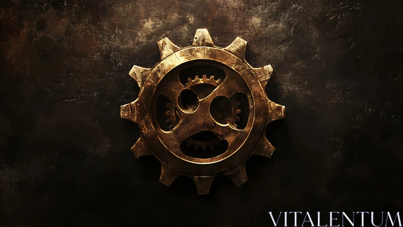 Rusty brass gear with internal cogs on dark textured wall