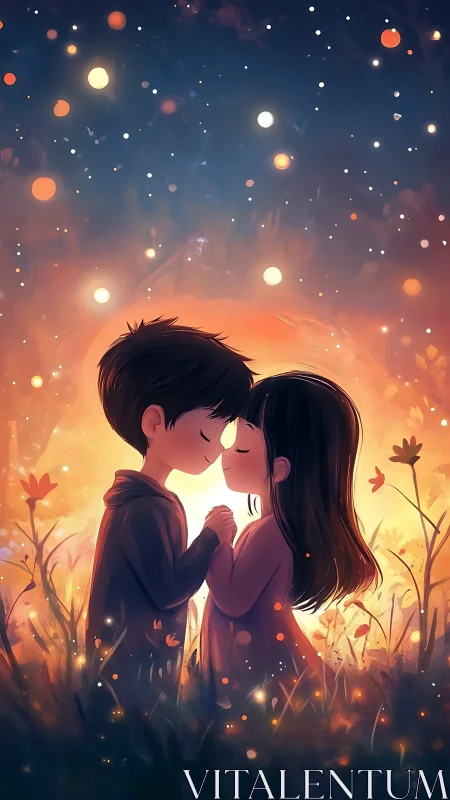 Luminescent Romance: Digital Illustration of Two Figures in Golden Light Field.