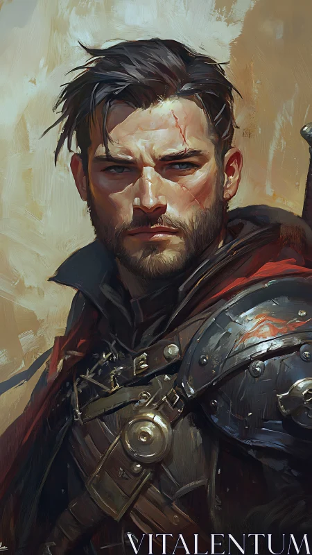 Armored male portrait depicts scarred warrior in profile