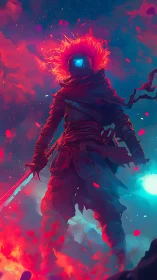 Cybernetic swordsman stands in flaming nebular clouds of light