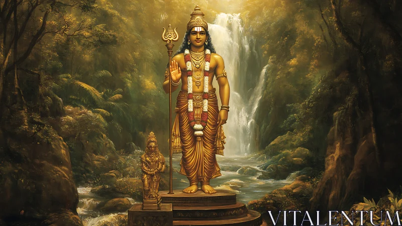 Divine golden deity stands serene before misty waterfall.