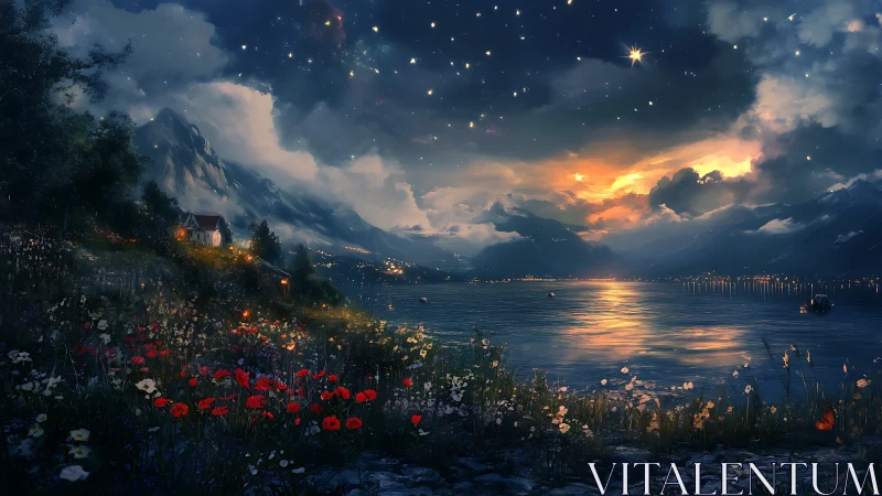 Starlit lakeside meadow glows softly beneath a dreamy sky