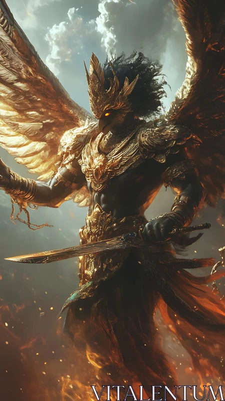 Winged armored figure with sword in fiery atmospheric scene.