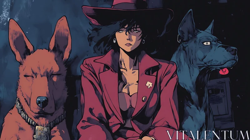 Woman in red coat sits between two stylized guard dogs