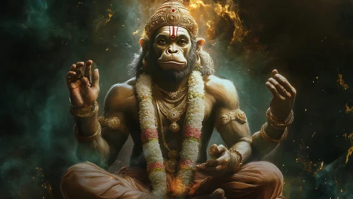 Divine simian sage glows within a vortex of molten starlight