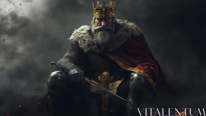 Medieval king seated in armor with crown and sword.