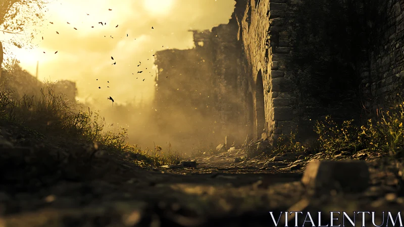 Sunlit ruins in swirling dusk dust along stone path.