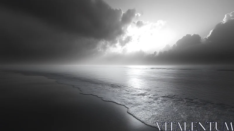 Monochrome seascape under dramatic storm clouds at dusk.