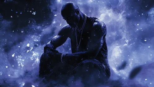 Solitary muscular figure kneels in glowing cosmic mist