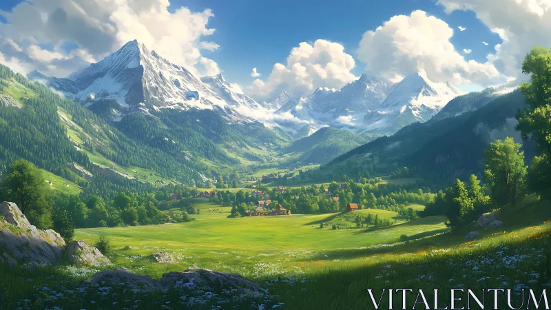 Sunlit mountain valley with cozy village and bright meadows.