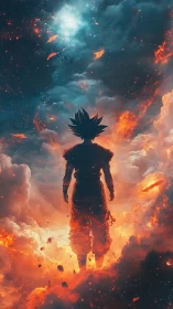 Starlit warrior ascending through flaming nebula clouds.