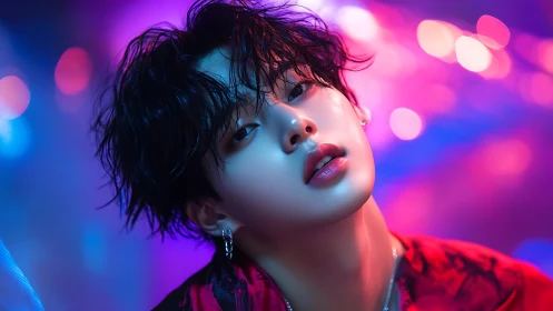 Portrait of young person under neon bokeh lighting at night.