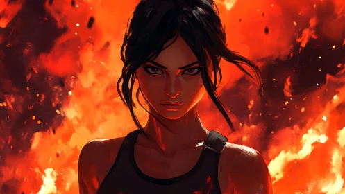 Fierce dark haired warrior amid dynamic inferno backlight