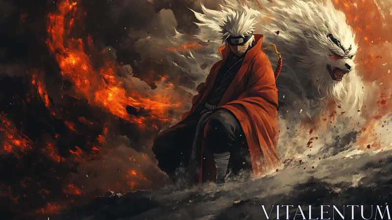 Fire vortex warrior with white spectral wolf in dynamic storm field