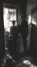 Silent family in ruined light, a corridor of unfinished ghosts.