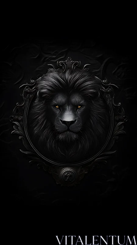 Black lion crest with glowing eyes on dark background.