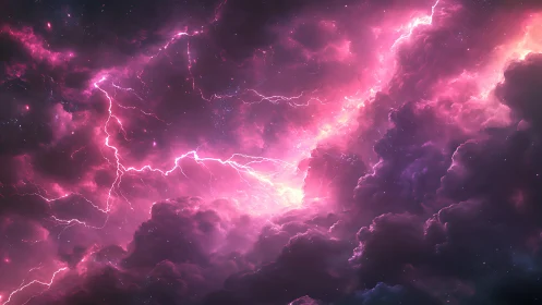 Nebula lightning rips through rose-tinted cosmic storm clouds.