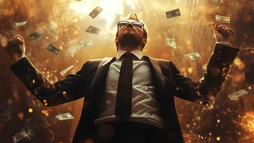 Businessman stands under falling money with triumphant pose