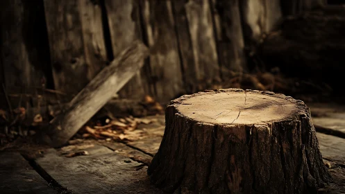 Tree stump on worn wooden floor in dim rustic setting.