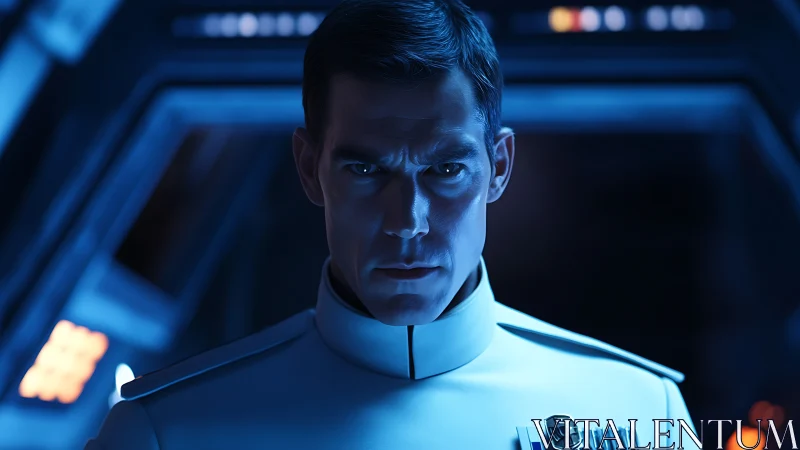 Stoic officer stands under cold blue starship lighting