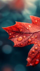 Macro study of wet red maple leaf with shallow depth of field.