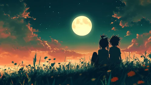 Moonlit meadow rendezvous with two quiet anime dreamers.