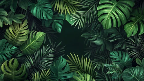 Lush tropical foliage frames deep emerald negative space