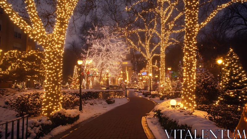 Snowy city park path lined with dense winter lights.