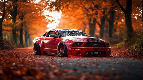 Lowered red sports car glows against a fiery autumn forest road