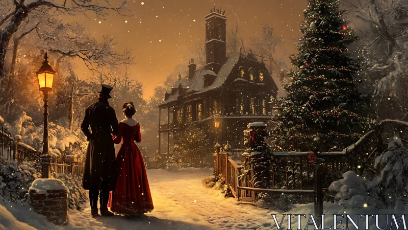 Victorian couple in lantern-lit snowy Christmas manor scene.