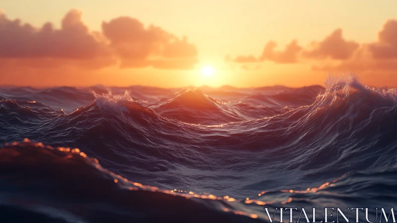 Sunset light striking rolling mid-ocean waves in motion.