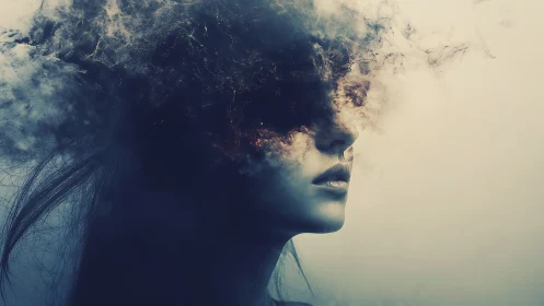 Dreamy portrait wrapped in drifting cosmic smoke and light.