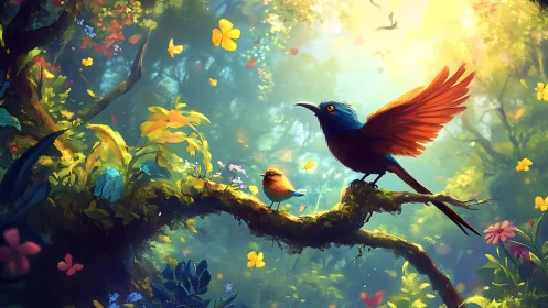 Vibrant Fantasy Birds on Forest Branch in Magical Sunlit Scene.