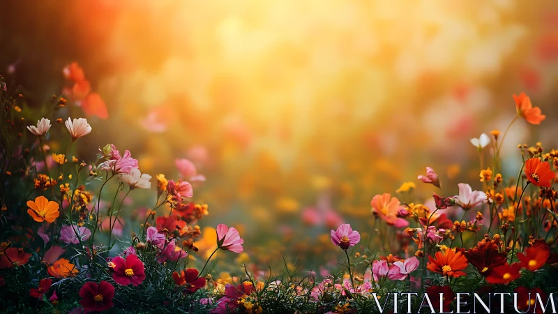 Golden Hour Cosmos Garden: Depth-of-Field Floral Arrangement