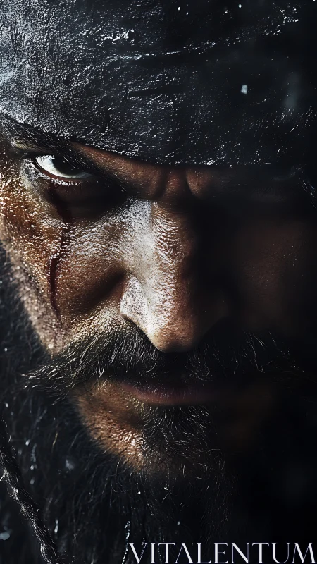 Close cropped portrait of rugged bearded man in bandana.