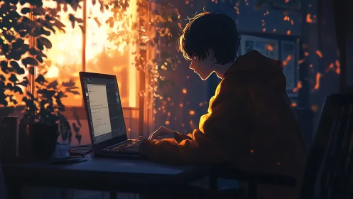 Twilight coder glows in ember-lit room of quiet focus.