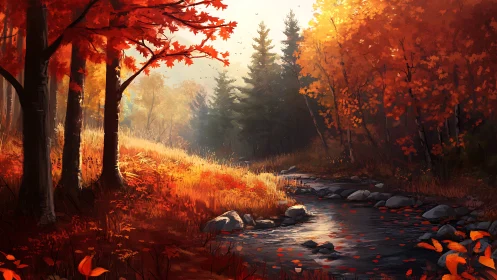 Autumn Forest Stream Illuminated by Golden Light Through Deciduous Canopy