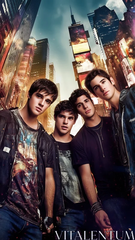 Urban boy band stands under neon city inferno sky.