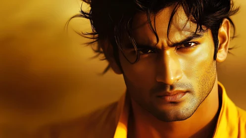 Photorealistic close-up portrait with golden tonal dominance.